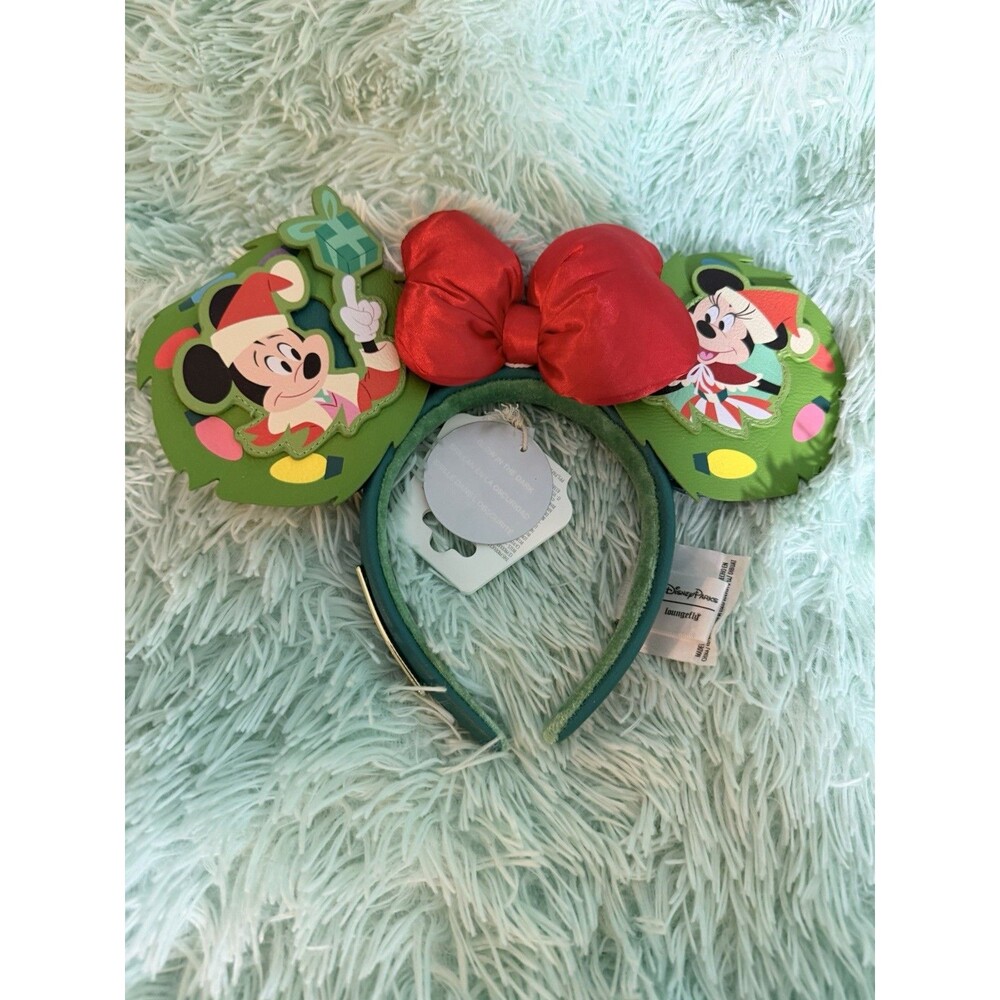 Disney Mickey & Minnie Mouse Christmas Ear Headband, Green Ears with Red Bow